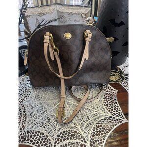 Coach Peyton Signature Cora Domed Satchel Handbag Tote Brown Tan F26184